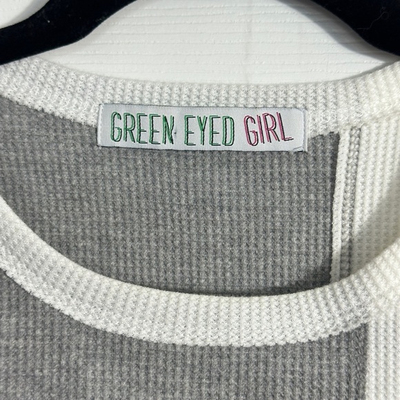 Green Eyed Girl sz S crop top, waffle knit, colorblock, asymmetrical hem - Picture 3 of 6